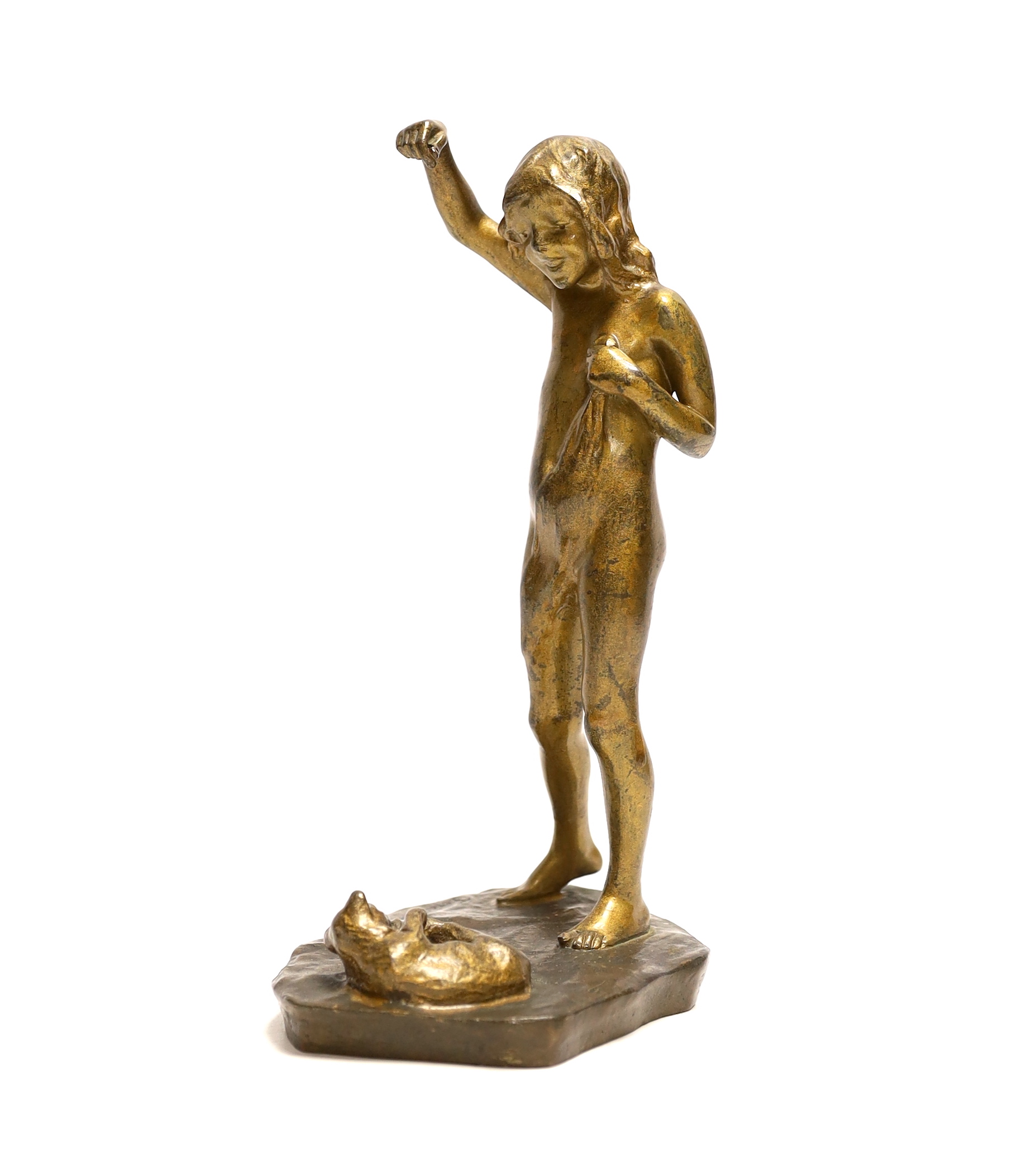 A Ferdinand Frick (1878-1939) for Goldscheider, bronze study of a girl with a cat, signed, 24cm high